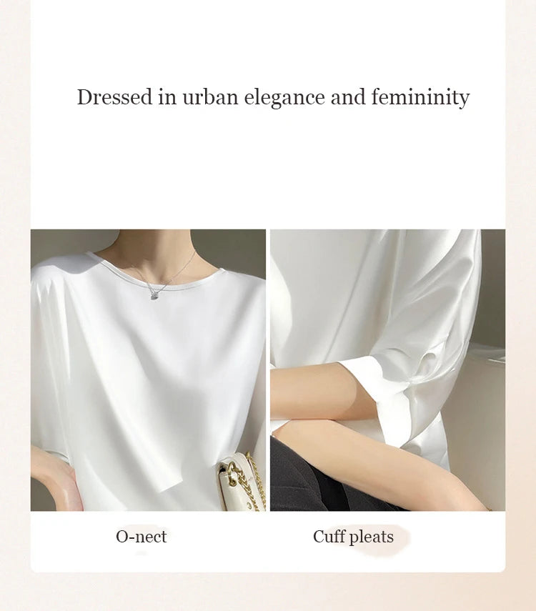 2025 New In Summer Satin Silk Half-Sleeve Tee Tops Basic Solid Women‘s T-Shirt Casual O-neck Thin Shirts Ladies Loose Blouses