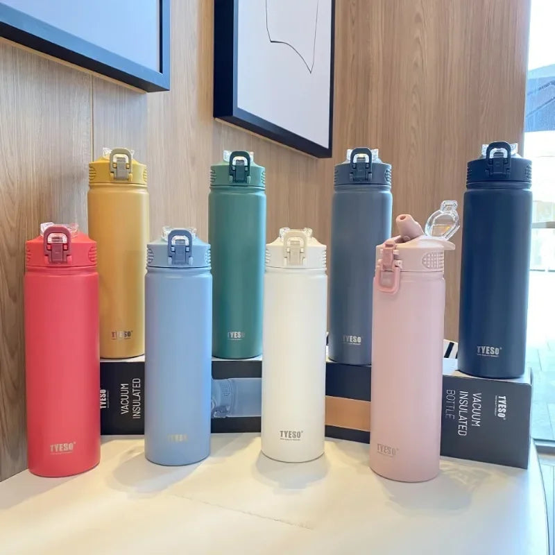 Tyeso 600ML/750ML Stainless Steel Thermos Bottles Car Insulated Cups with Straw Keeps Cold and Heat Portable Sport Thermal Mugs