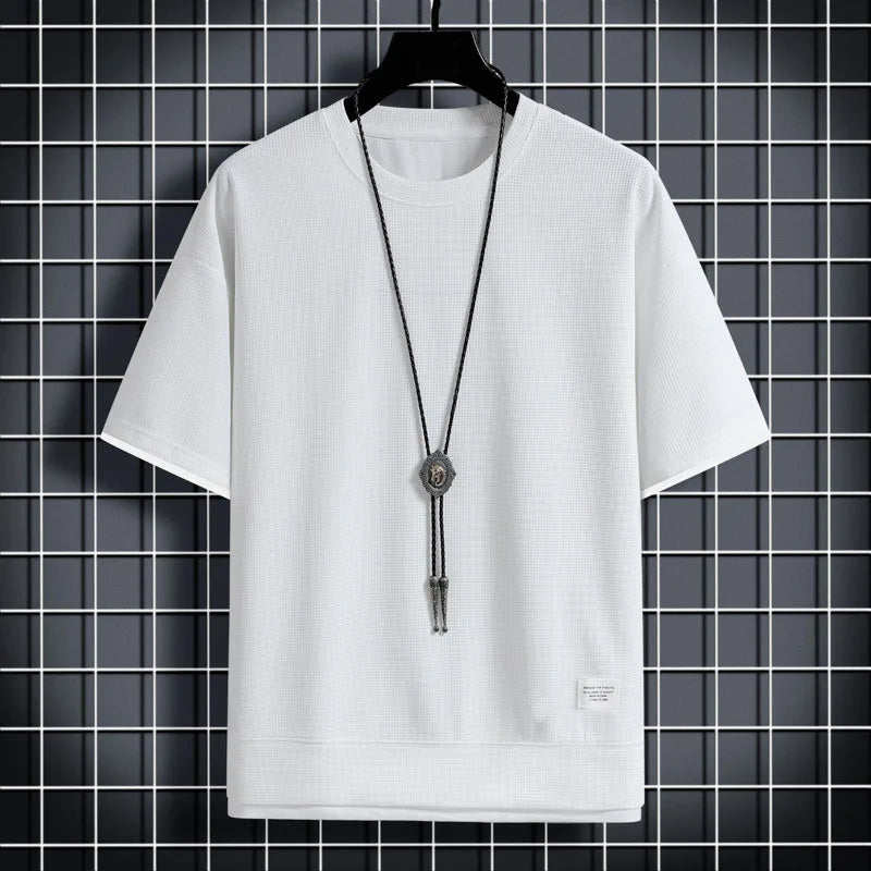 1pcs Men Summer T-Shirt Man Short Sleeved Waffle Solid T-Shirt Male Solid Color Casual Tee Round Men's Round Neck Fashion Top