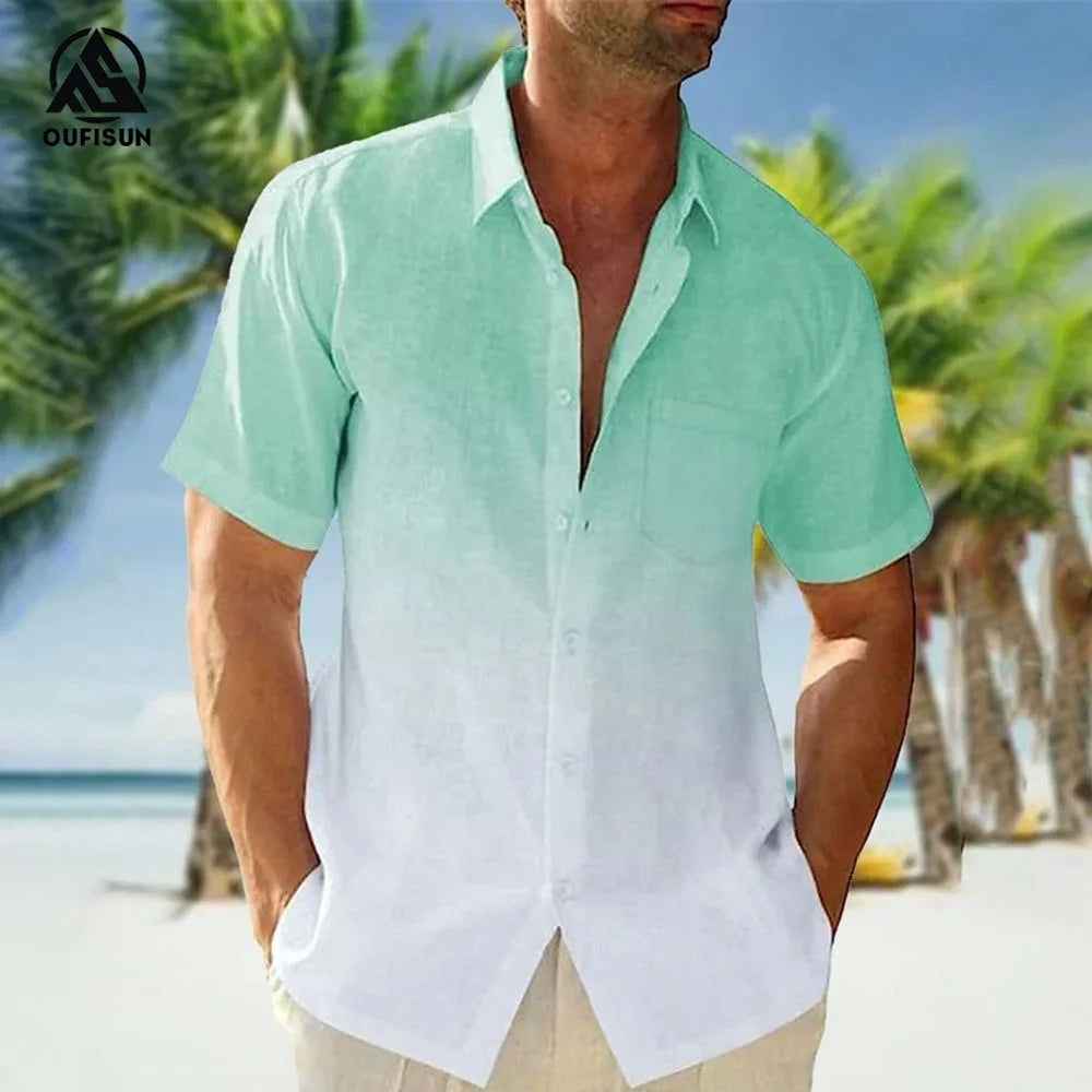 2024 Casual Men's Shirts Summer Clothing Gradient Graphics Apparel Vacation Seaside Oversized Short Sleeve Tops For Male