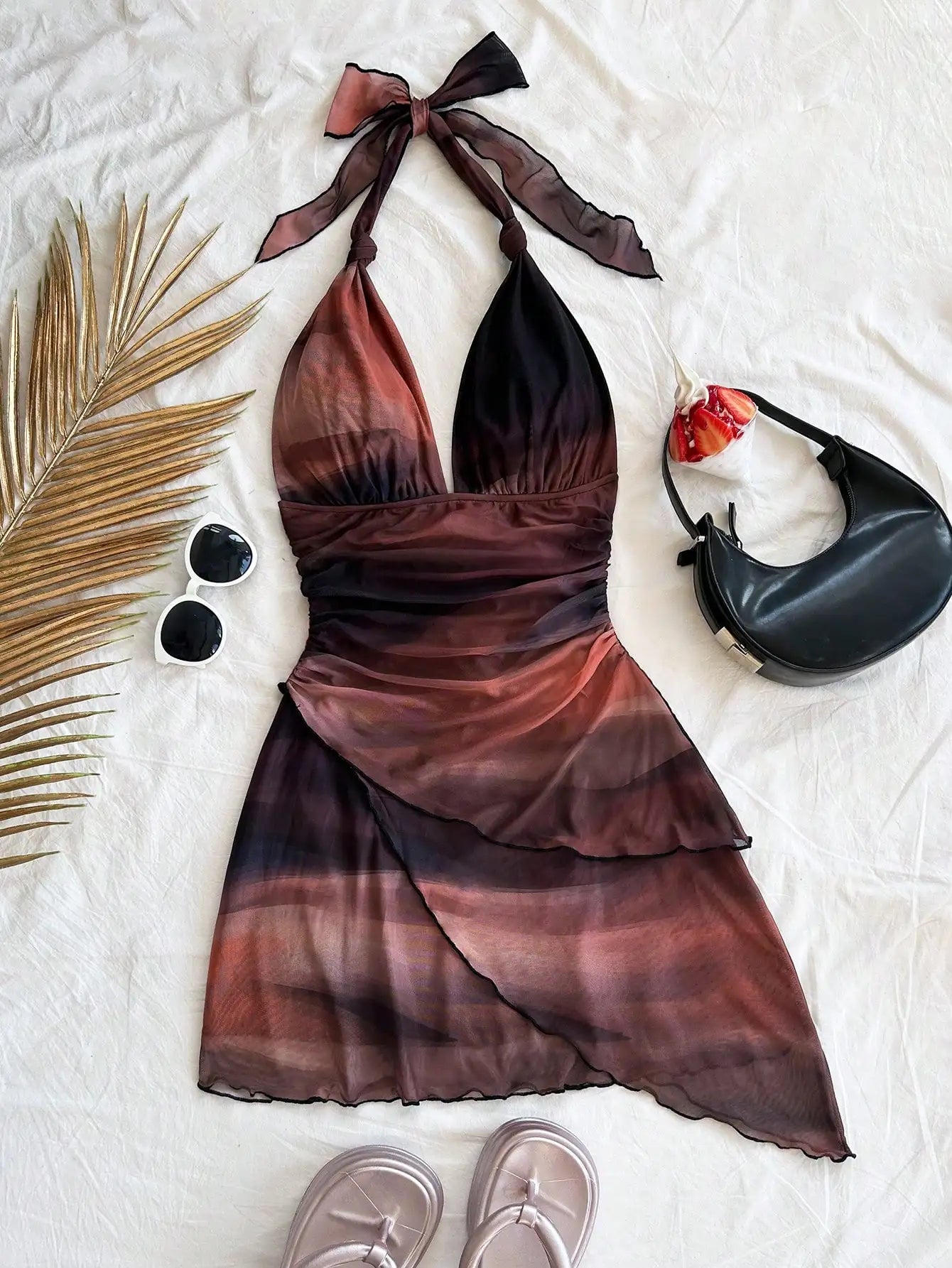2025 Europe and the United States Fashion Gauze Printed Neck Sleeveless Sexy Tight Deep V Short Sexy Pure Backless Dress