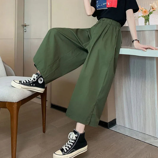Solid Color Baggy Wide Leg Trousers Female Summer Thin Casual Ankle Length Pants Woman Harajuku Loose High Waist Straight Pants