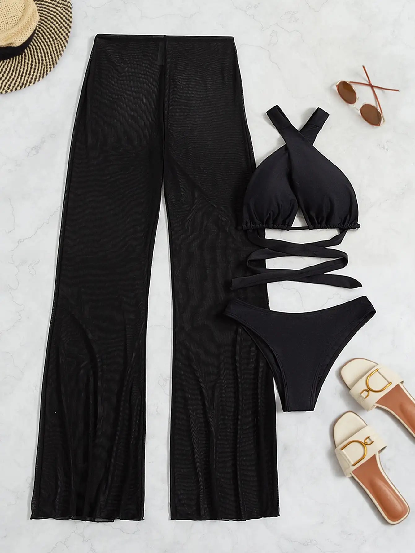 3 Pieces Plain Criss Cross Bikinis Swimsuit & Pants Swimwear Women 2025 Bathers Bathing Swimming Suit Female Summer Beachwear