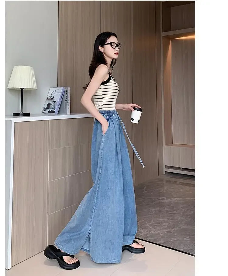 2024 Autumn New Loose-Fit Plus Size Women's Jeans Slimming Wide-Leg Ground-Length Simple Style Casual Ladies Pants