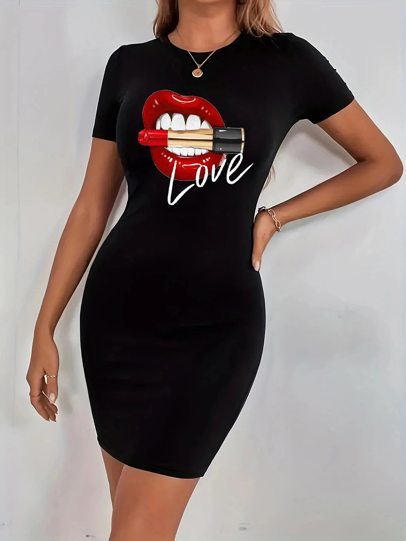 Summer Women's Dresses Street Dating Travel Short Sleeve Dresses Sexy Lips Printed Women's Home Nightgowns Plus Size Dresses