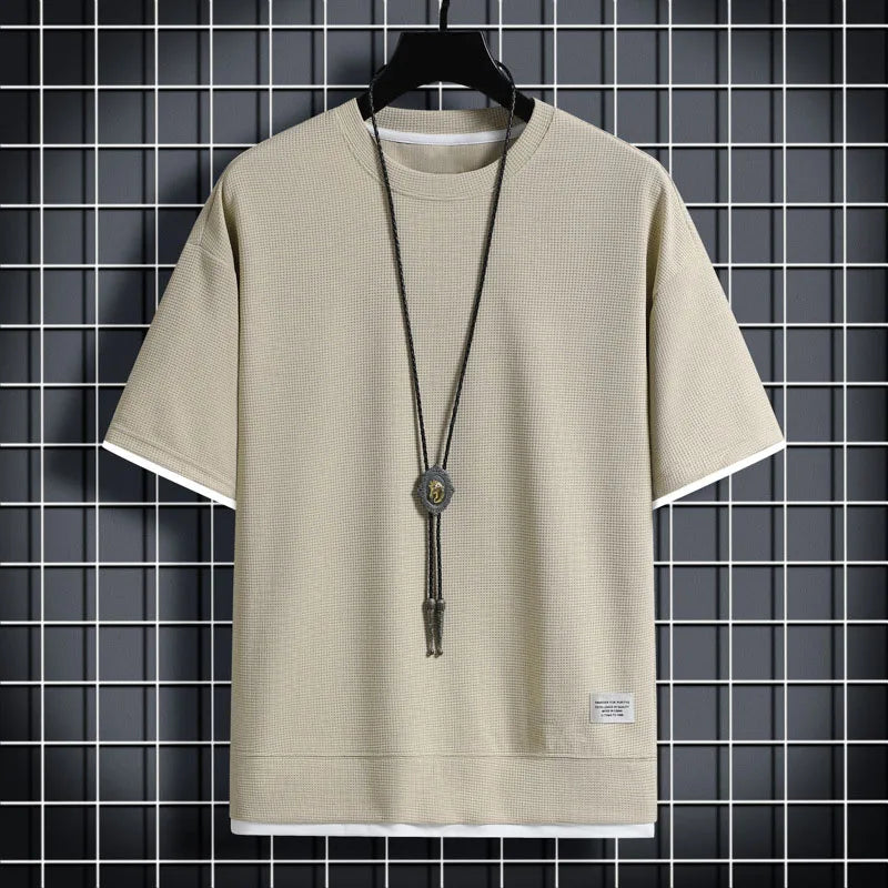 1pcs Men Summer T-Shirt Man Short Sleeved Waffle Solid T-Shirt Male Solid Color Casual Tee Round Men's Round Neck Fashion Top