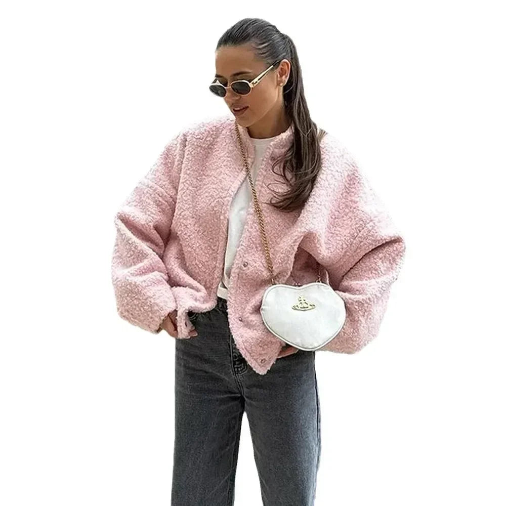 Wolfeel Women's Chic Short Fur Jackets Loose Casual Cardigan Female Autumn Winter Thick Warm Fashion Solid Color Short Coat
