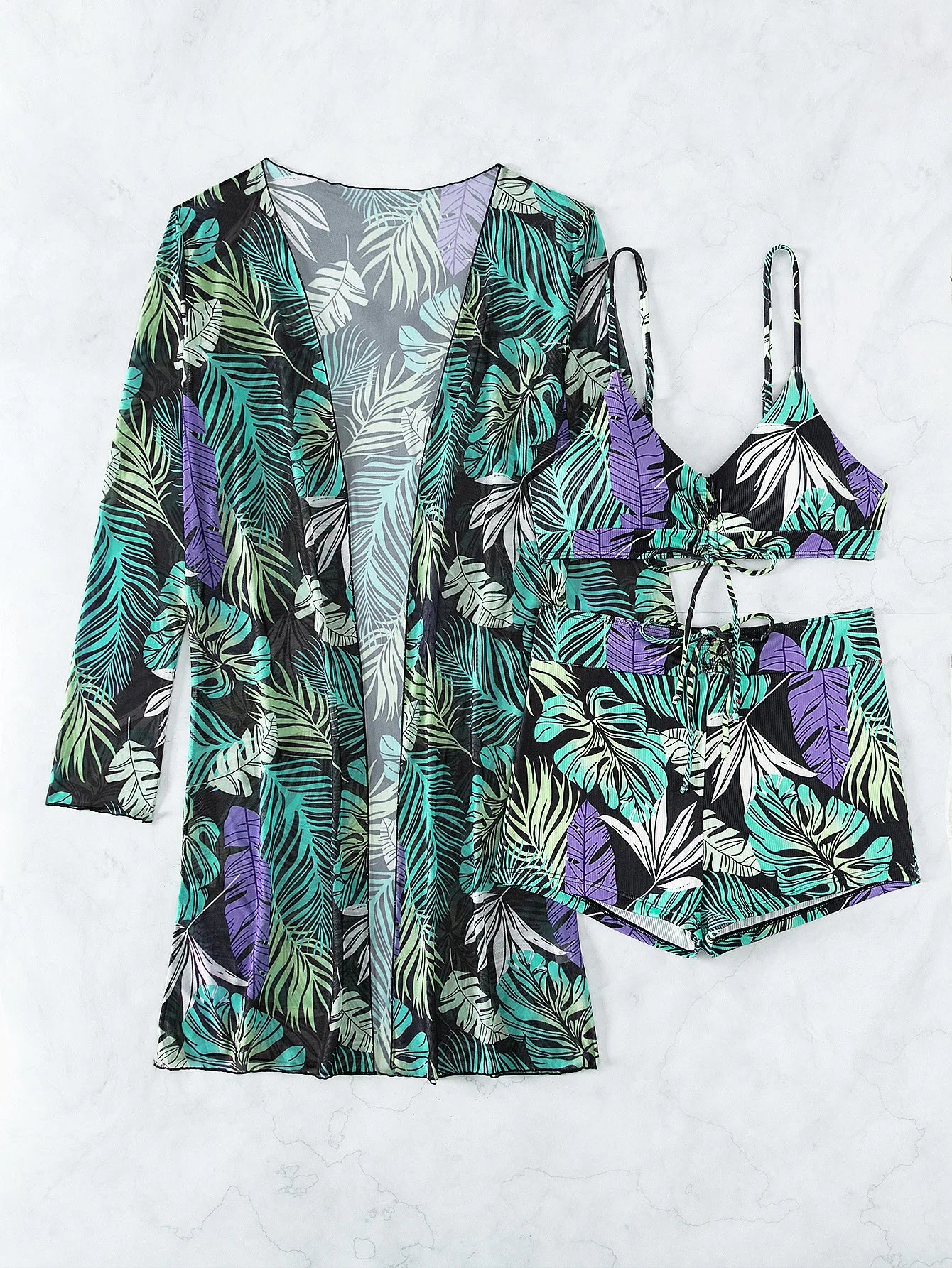 2025 New Women 3 Pieces Swimsuit Leaf Pattern Bikini Set+Long Sleeve Cover Up Tankini Beachwear Drawstring Swimwear Bathing Suit