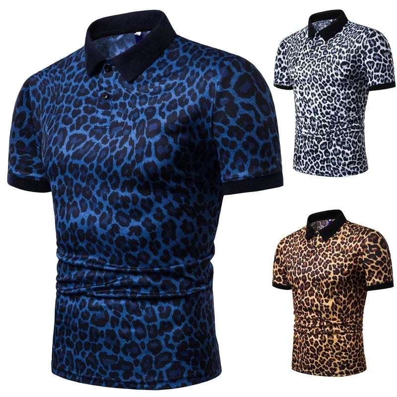3 Colors!Men's Leopard Print Breathable Short-sleeved Shirt Fashion Lapel T-shirt Thin Casual Top Shirts for Men