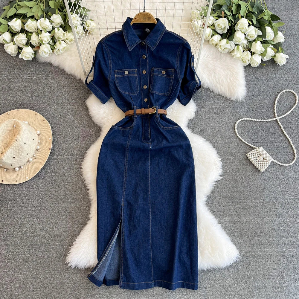 XFPV Women's Sweet Short Denim Dress For Women Belt Slim Short Sleeved Vestidos Korean Fashion Spring Summer 2025 SM11153