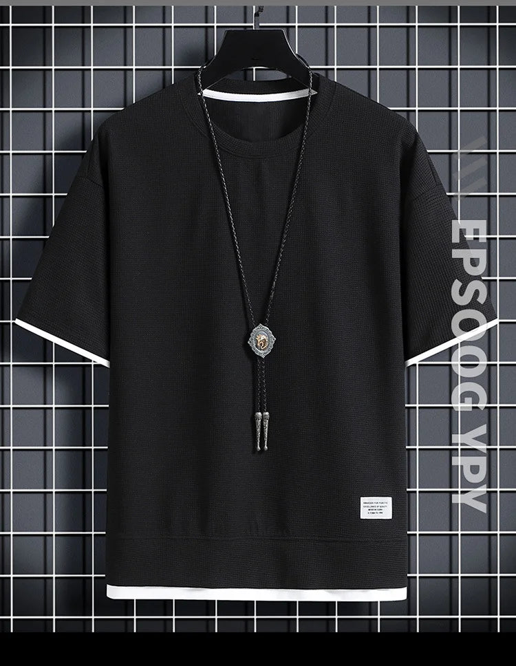 1pcs Men Summer T-Shirt Man Short Sleeved Waffle Solid T-Shirt Male Solid Color Casual Tee Round Men's Round Neck Fashion Top