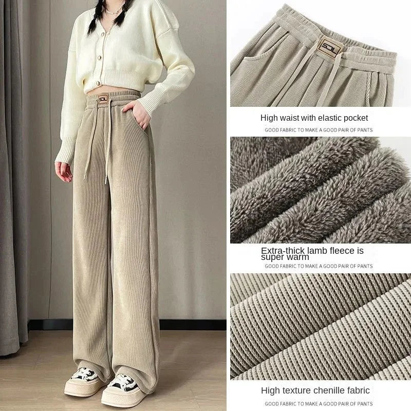 Autumn Winter Pants Women Thickened Lamb Fleece Wide Leg Pant Plus Velvet Women's Fashion Loose Pants Cashmere Casual Trousers