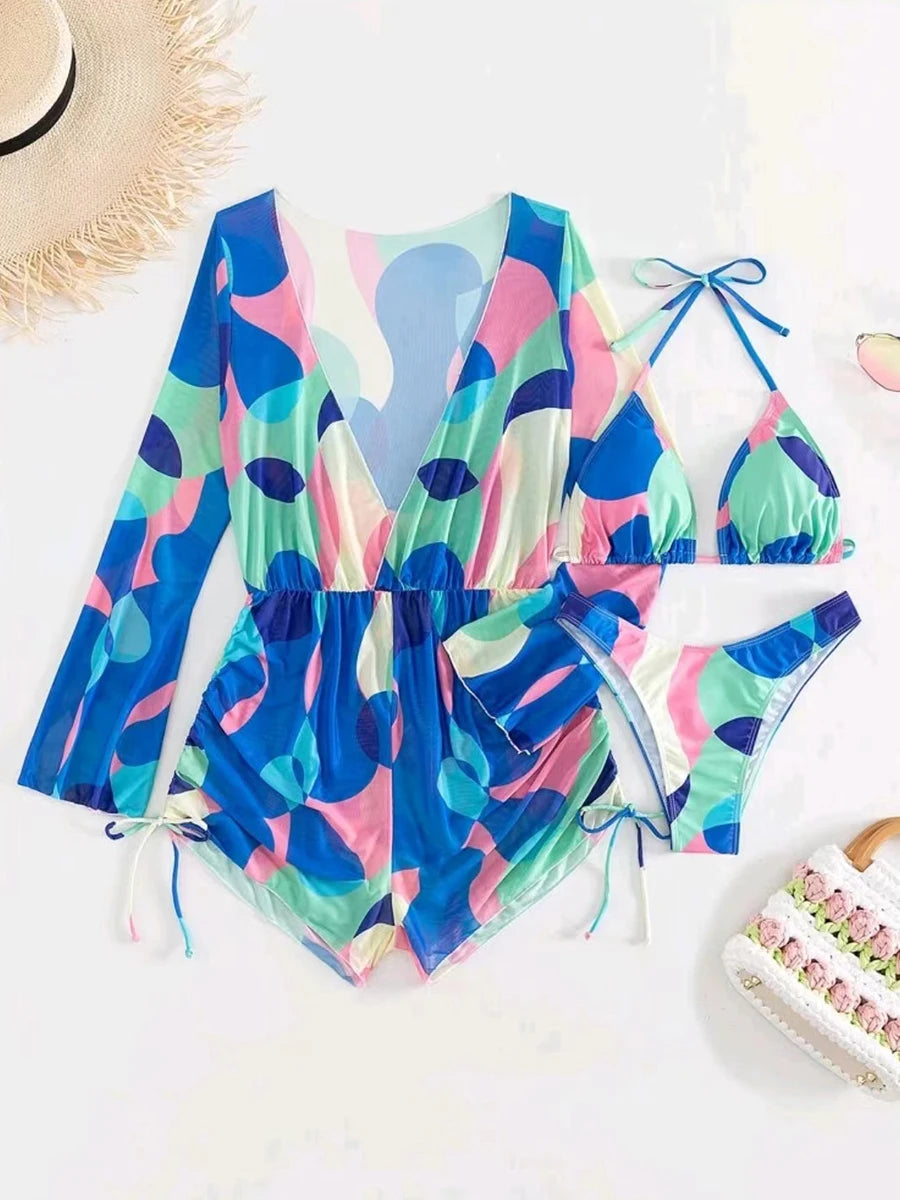 3 Pieces Triangle Halter String Bikini Long Sleeve Swimsuit Women Swimwear Female Bathers Bathing Swimming Swim Suit