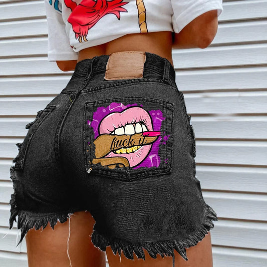 2012 Fashionable Gap Denim Shorts Women's Bite Finger Printing Cross-border E-commerce Amazon Style Breaking Shorts