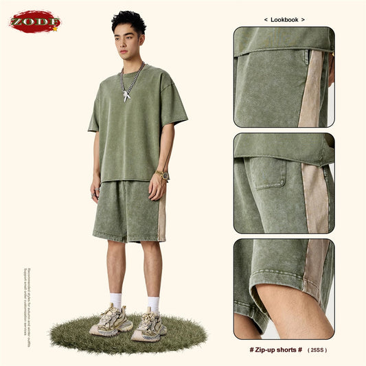 ZODF Vintage Men Washed 370gsm Cotton Shorts Unisex High Street Patchwork Distressed Shorts Brand Clothes HY1026