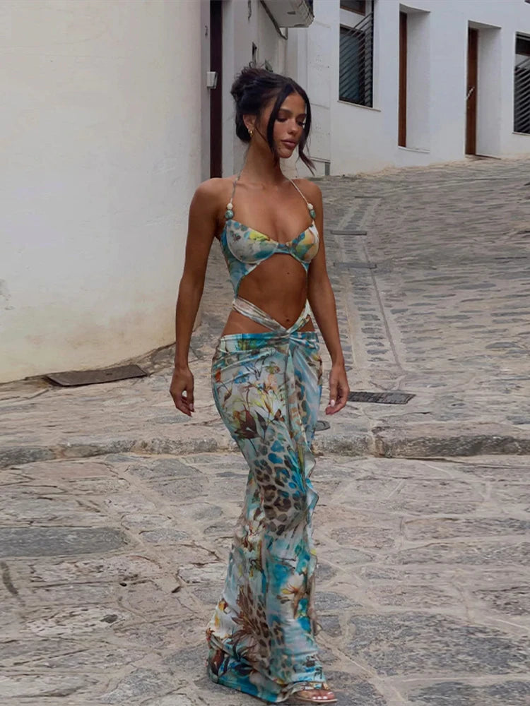 Women Sexy Printed Vestidos Chic Sleeveless Hollow Out Halter Bodycon Mini Dress 2025 Ladies Beach Seaside Vacation Bohemia Wear