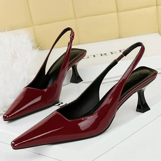 Women 6cm High Heels Retro Streetwear Catwalk Sandles Lady Daily Work Slingback Strap Elastic Mid Heels Glossy Leather Sandals
