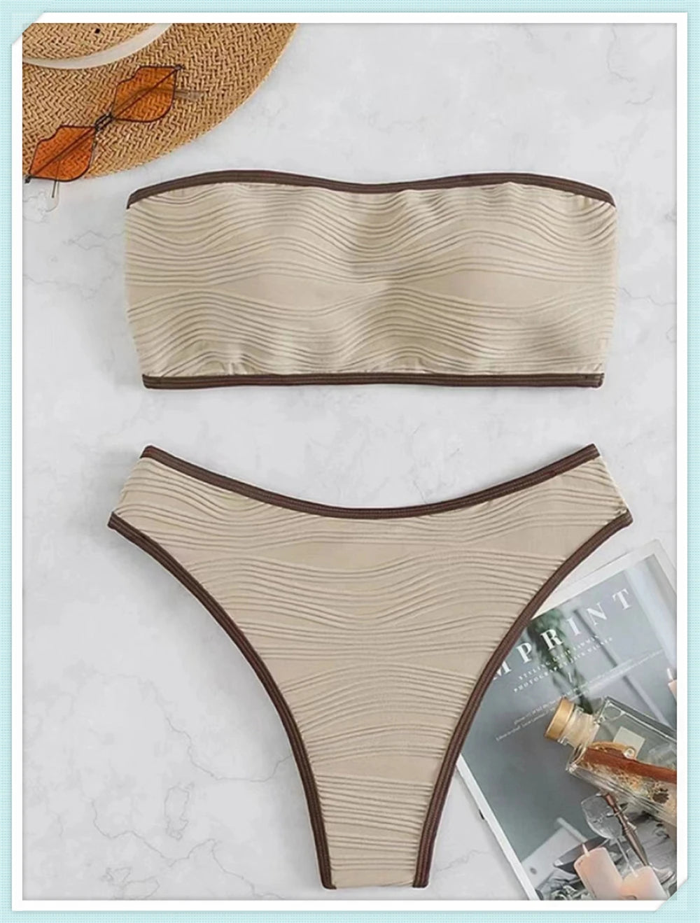 2023 Women Sexy Thong Swimsuit Push Up Swimwear Contrast Binding Bandeau Bikinis Female Bathing Suit Swimming Summer Beachwear