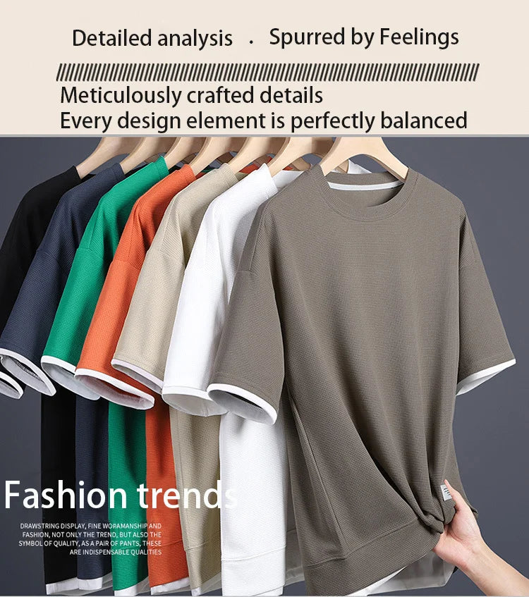 1pcs Men Summer T-Shirt Man Short Sleeved Waffle Solid T-Shirt Male Solid Color Casual Tee Round Men's Round Neck Fashion Top