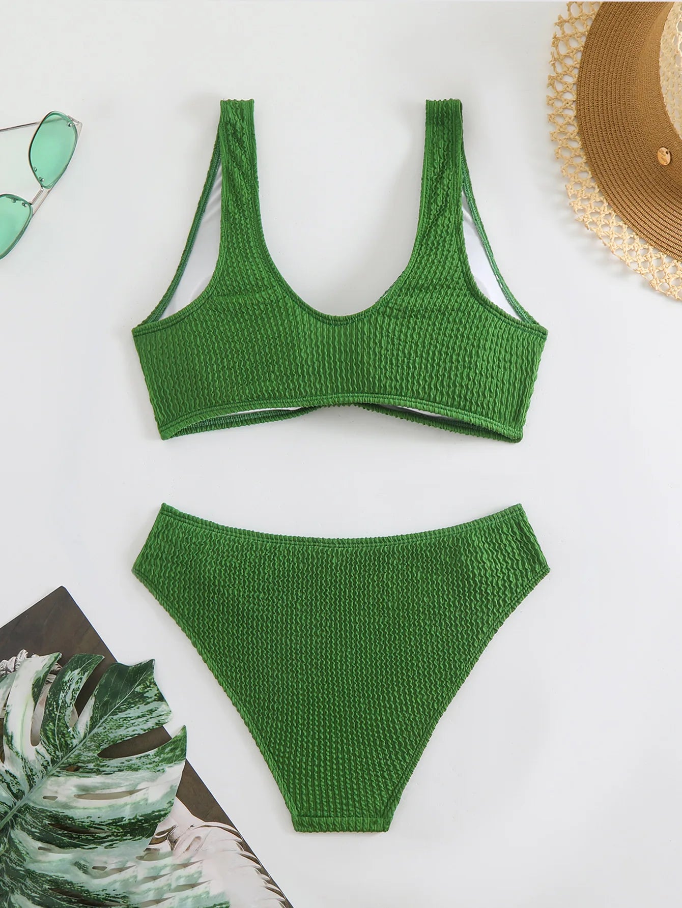 2025 Summer New Women's 2 Piece Swimsuit Solid Color High Waist Bikini Set V-neck Backless Beach Vacation Bathing Suit Swimwear