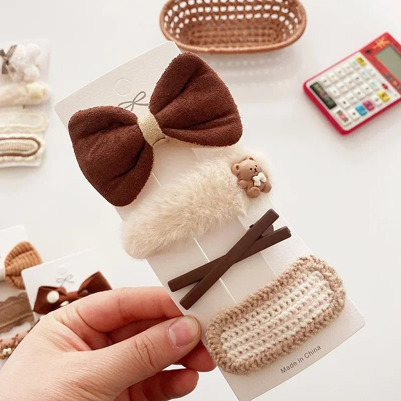 Autumn Winter 8Pcs Kids Hairclip Cartoon Bear Cute Bowknot Baby Princess Hair Accessories Newborn Cream Color Hairclips For Girl