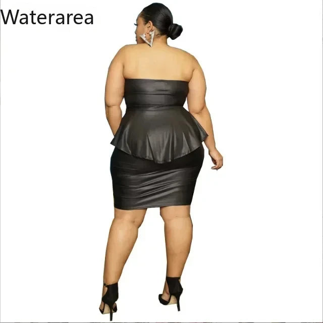Waterarea Plus Size Elegant Faux Leather Bodycon Midi Skirt Suit Women Strapless Zipper Fly Ruffles Top Two 2 Piece Set Outfits