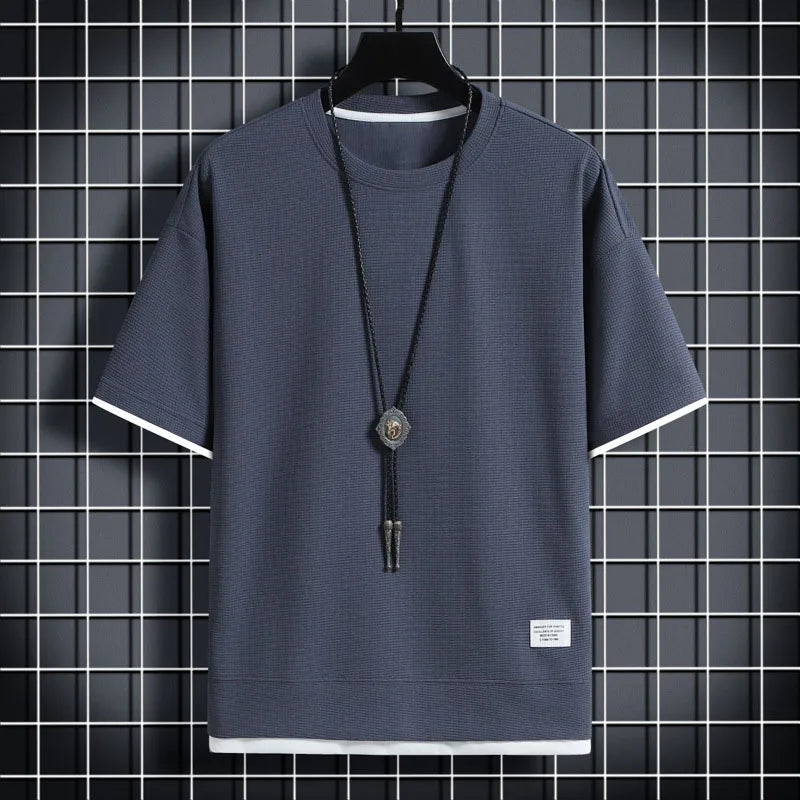 1pcs Men Summer T-Shirt Man Short Sleeved Waffle Solid T-Shirt Male Solid Color Casual Tee Round Men's Round Neck Fashion Top