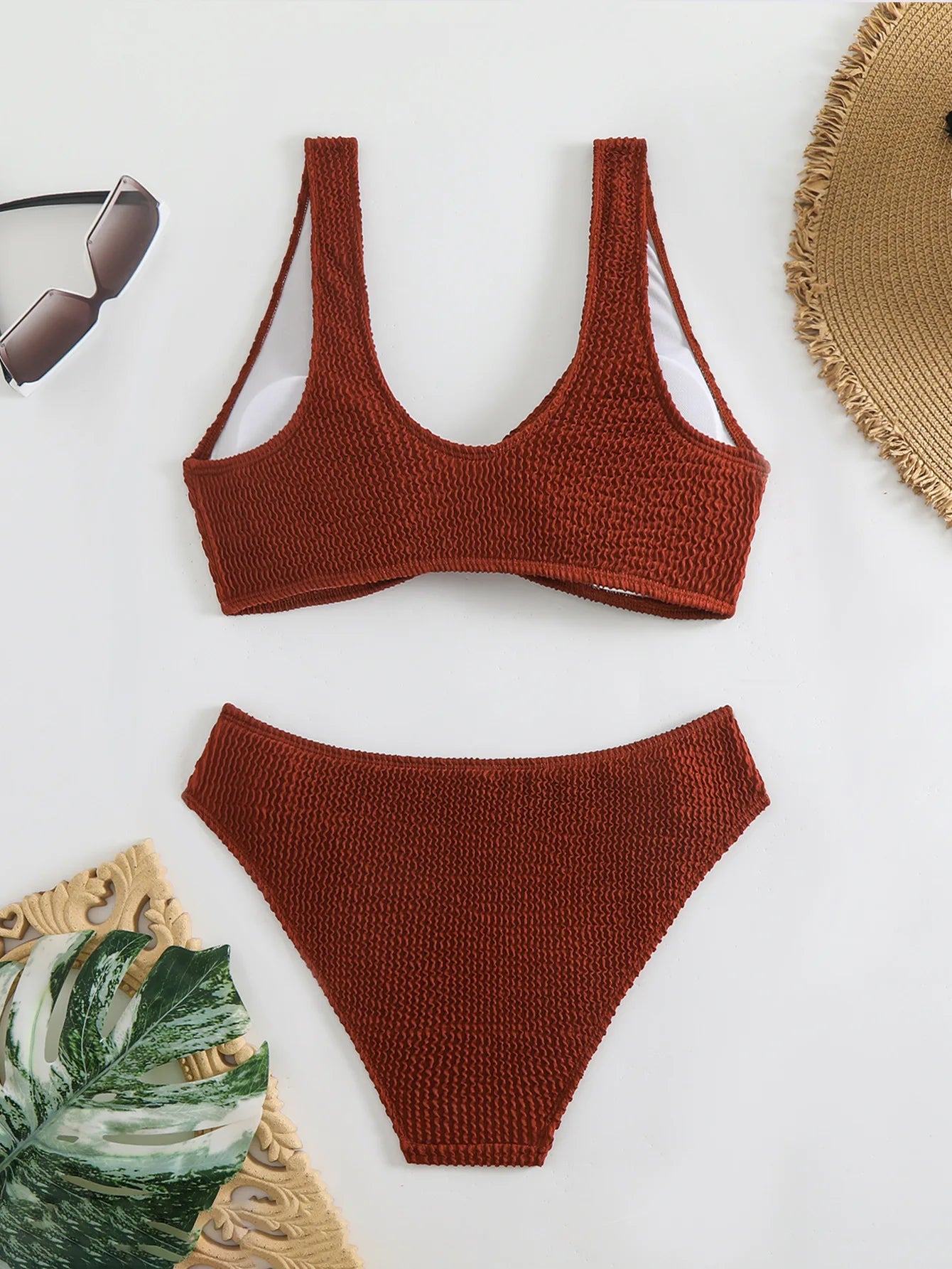 2025 Summer New Women's 2 Piece Swimsuit Solid Color High Waist Bikini Set V-neck Backless Beach Vacation Bathing Suit Swimwear