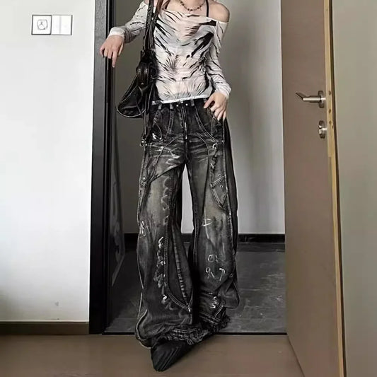 American Style Vintage Wide Leg Jeans For Men And Women Heavy Duty Ribbon Embellishment Hip Hop Sensibility Casual Pants