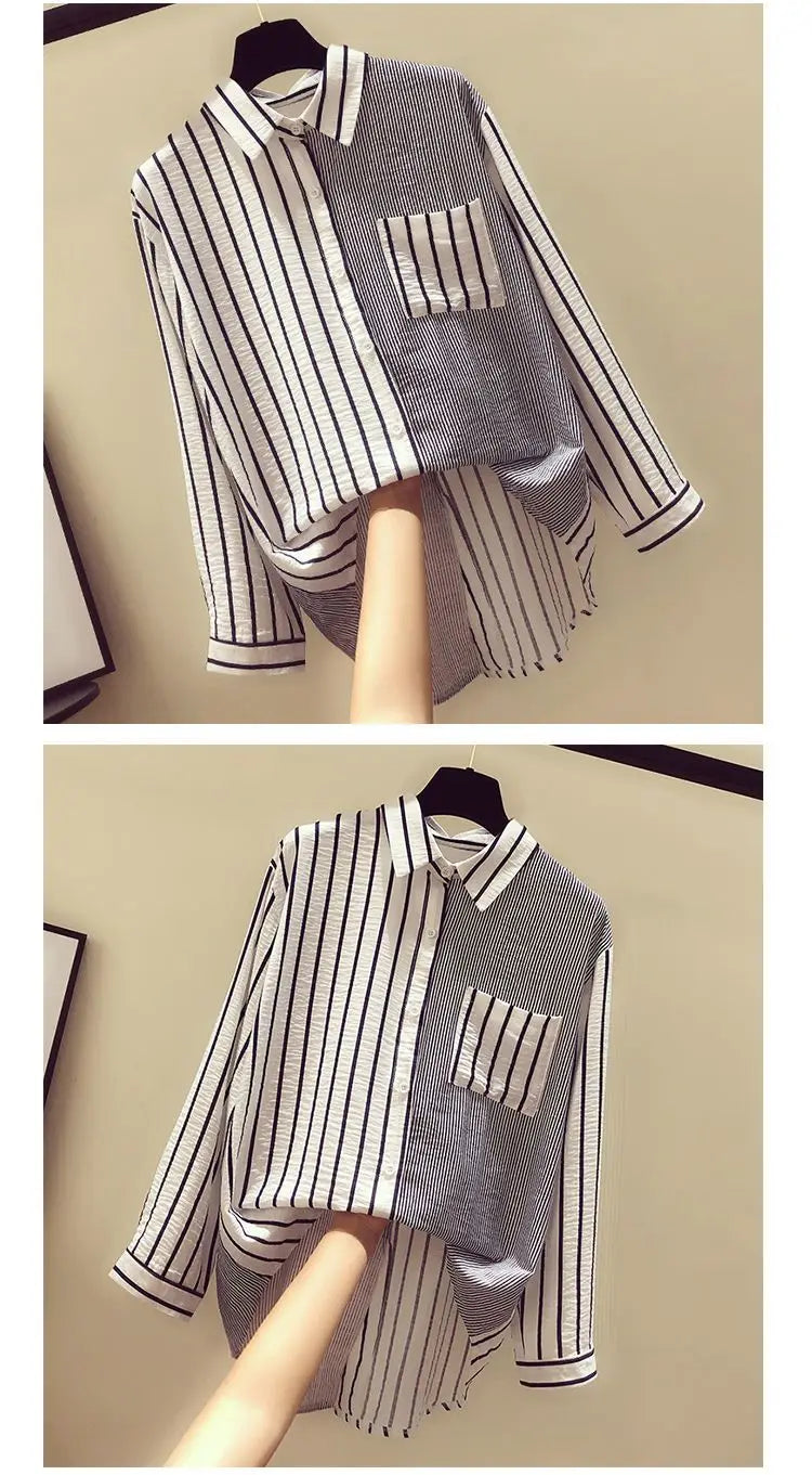 2025 Korean Summer Thin Trendy Striped Women's Shirt & Blouses Patchwork Pocket Loose Casual Office Lady Shirt Sweet Women's Top