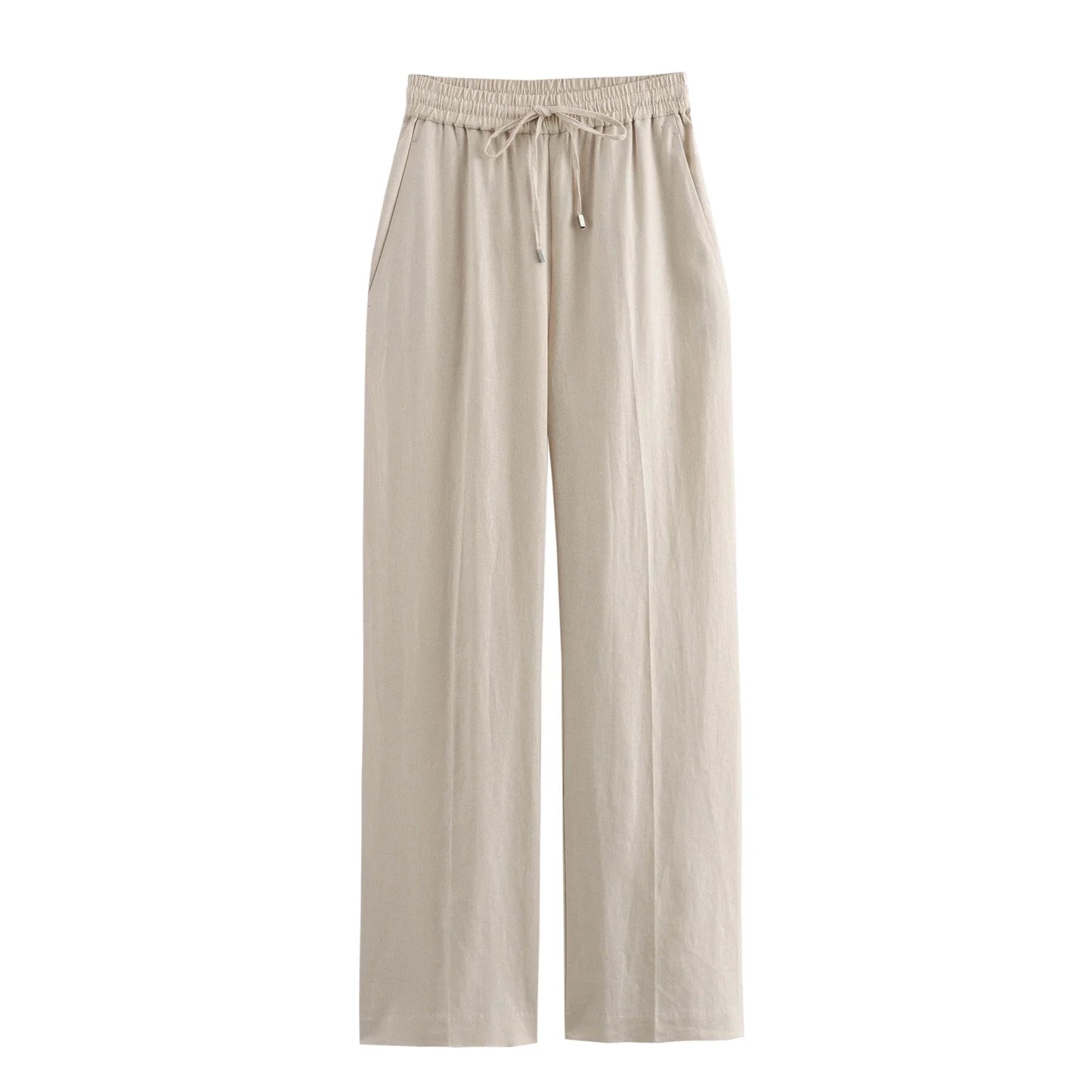 TRAF Women Fashion Spring Summer Lace-up Linen Blended Straight Pants Pocket Office Lady Chic High Waist Trousers Mujer
