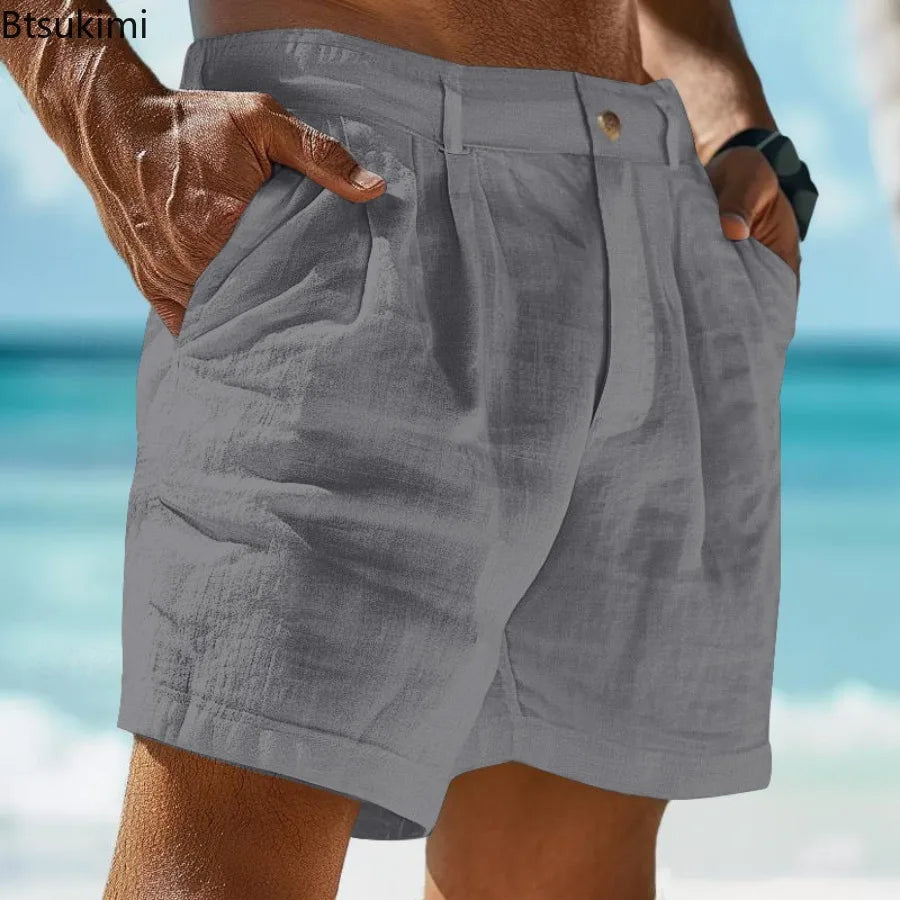 2025 Summer Cotton Linen Shorts for Men Solid Casual Button Pocket Beach Shorts Men's Comfortable Simple Vacation Leiture Pants