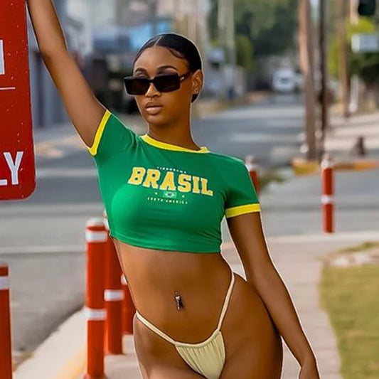 Brazil Graphic Print Crop Tops Y2k Aesthetic Women Corset Summer Short Sleeve Green T-shirt Basic Baby Tee 2000s Vintage Clothes