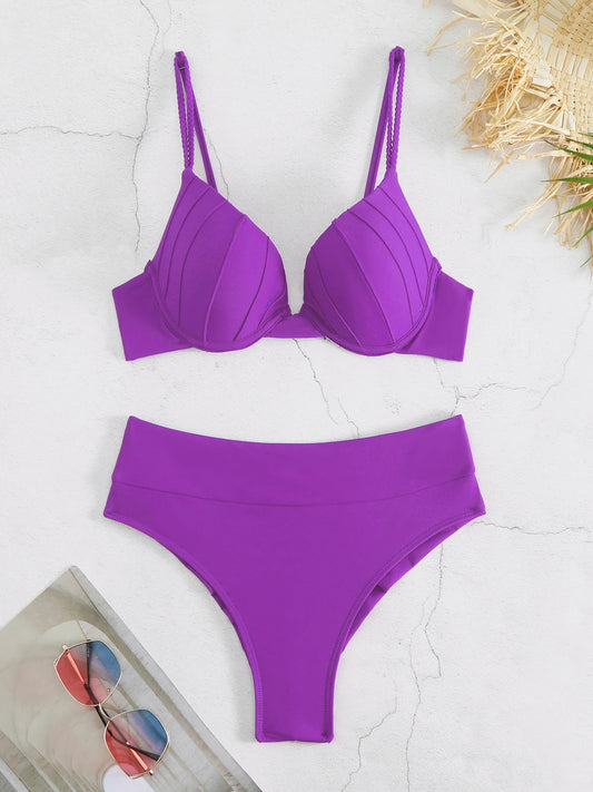 Cheap Push Up Bikinis Women Swimsuits Solid Padded Women Swimwear Vintage Female Swimsuit High Waist Biquini Bathing Suit