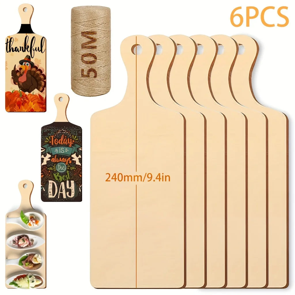 6pc/12pcs/24pcs(long Handle,9.4 x 3.5inch ) 50m Hemp Rope Mini Wooden Cutting Board with Handle Thanksgiving Small Chopping Boar