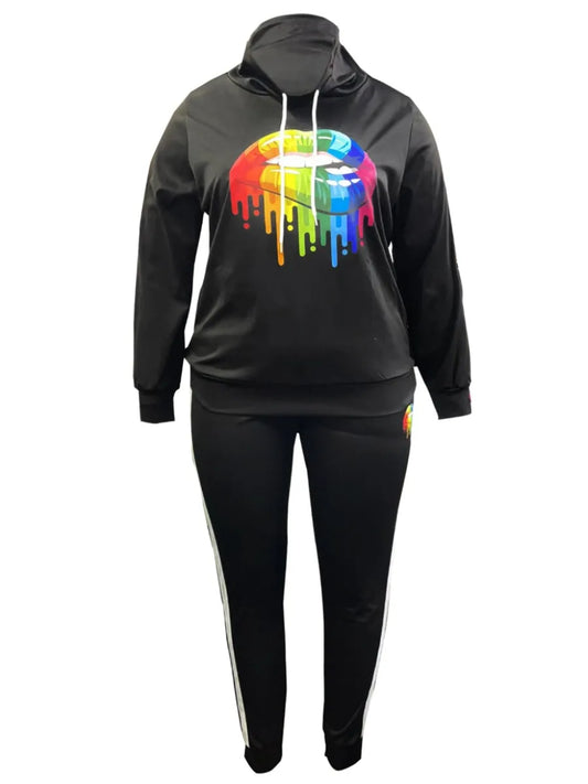 5XL LW Plus Size Autumn&Winte Letter Print Regular Striped Long Sleeve Basic Sporty Fashionable Turtleneck Hooded Blue Pants Set