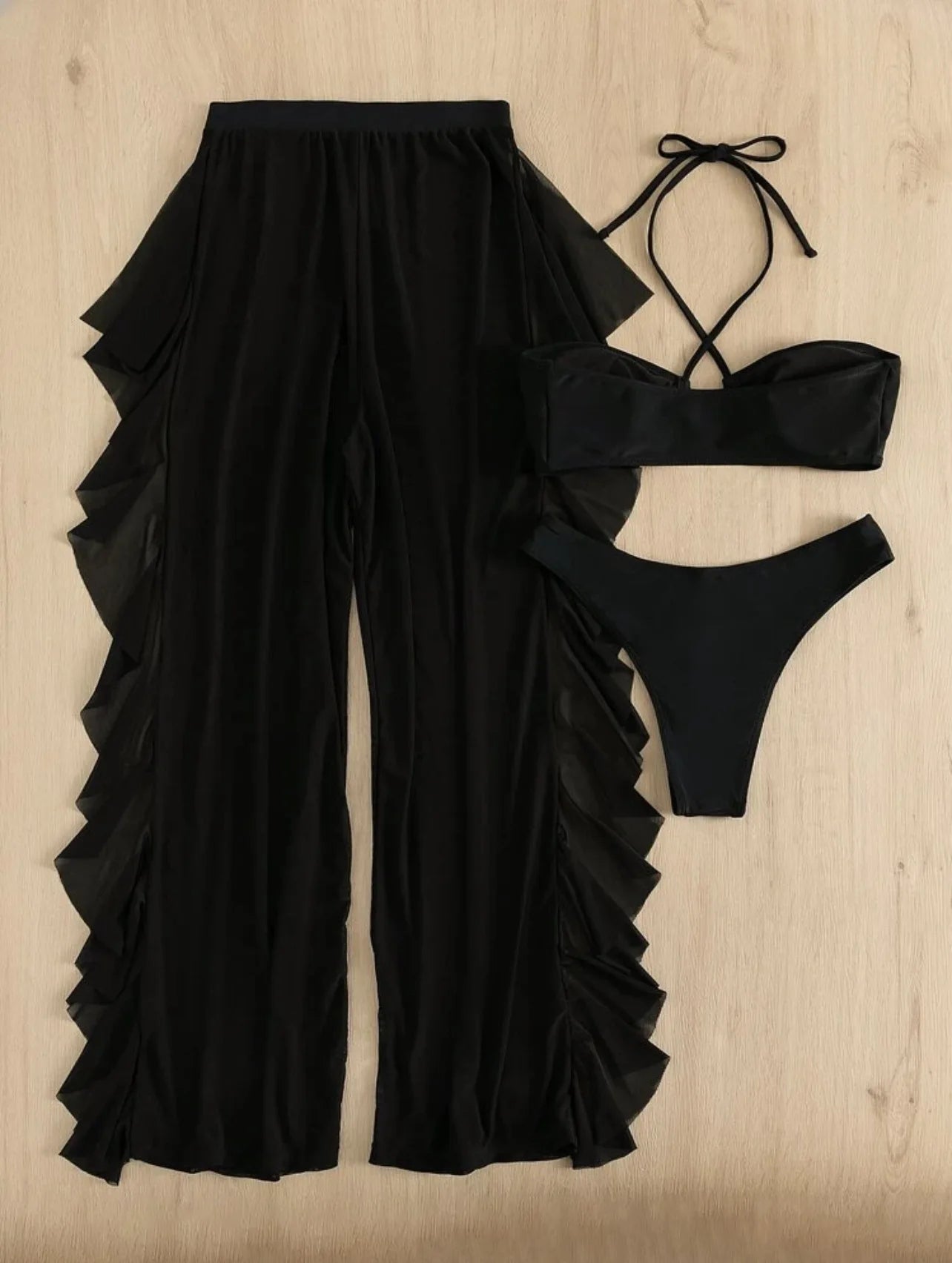 Bikini And Cover Up Set Plain Criss Cross Halter With Ruffle Pants Bandeau Swimsuit Women 2024 Black/White Swimwear Bathing Suit