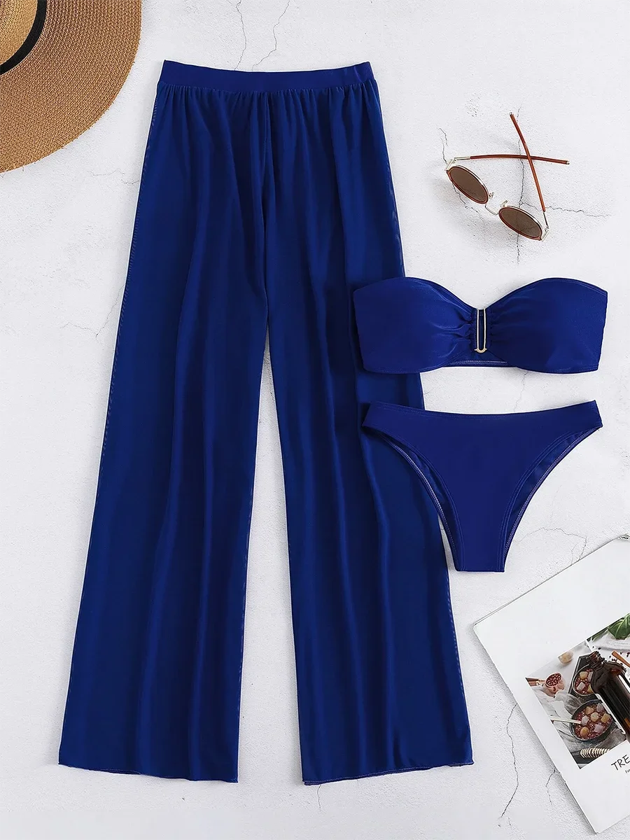 3 Pieces U Wired Bandeau Bikini 2025 Sexy Swimsuit Women & Beach Pants Swimwear Female Beachwear Bathers Bathing Swimming Suit