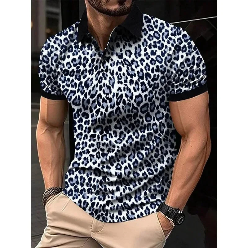 3 Colors!Men's Leopard Print Breathable Short-sleeved Shirt Fashion Lapel T-shirt Thin Casual Top Shirts for Men