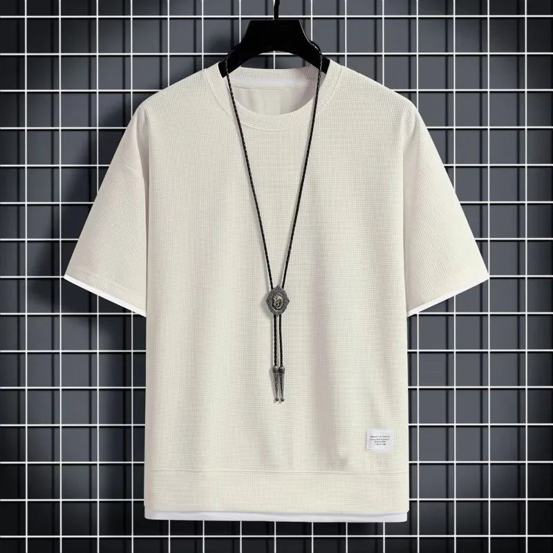 1pcs Men Summer T-Shirt Man Short Sleeved Waffle Solid T-Shirt Male Solid Color Casual Tee Round Men's Round Neck Fashion Top