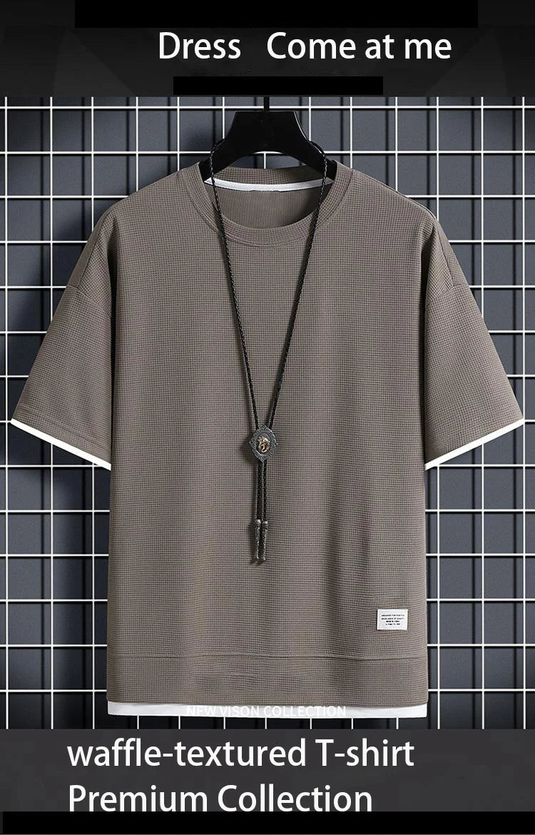 1pcs Men Summer T-Shirt Man Short Sleeved Waffle Solid T-Shirt Male Solid Color Casual Tee Round Men's Round Neck Fashion Top