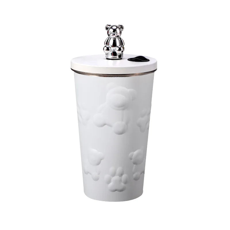 600ml Cute Bear 304 Stainless Steel Coffee Thermos Double Wall Vacuum Insulation with Straw Outdoor Water Bottle Car Cup