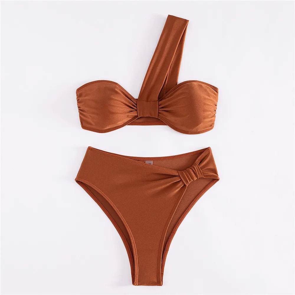 Brown One Shoulder Bikini High Waist Sexy Swimsuit Women 2025 Solid Swimwears Bathing Suit Bandeau Bikinis Sets De Mujer Biquini