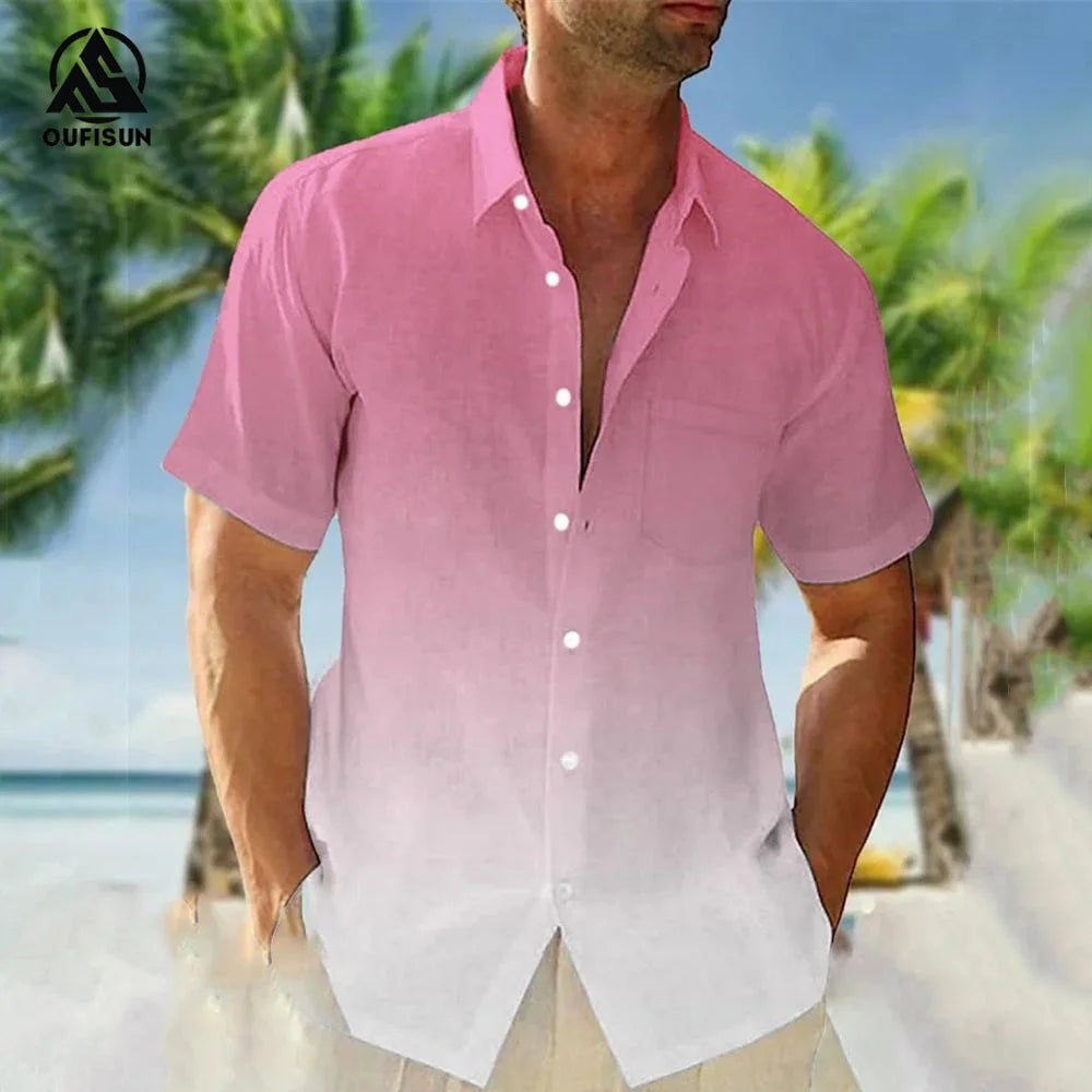 2024 Casual Men's Shirts Summer Clothing Gradient Graphics Apparel Vacation Seaside Oversized Short Sleeve Tops For Male