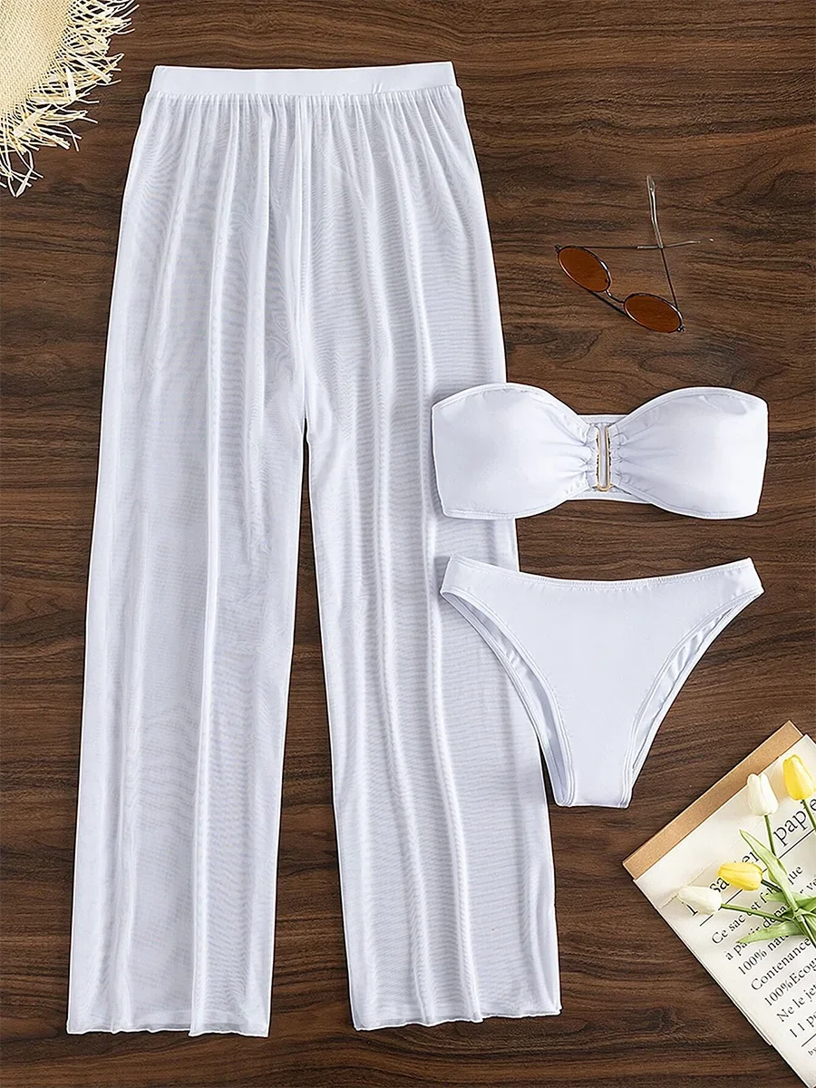3 Pieces U Wired Bandeau Bikini 2025 Sexy Swimsuit Women & Beach Pants Swimwear Female Beachwear Bathers Bathing Swimming Suit