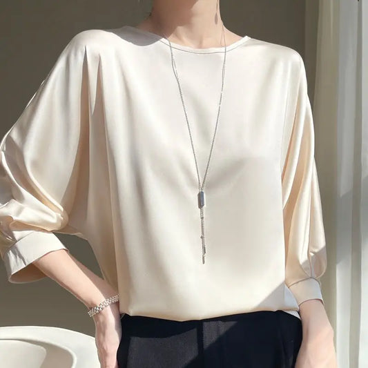 2025 New In Summer Satin Silk Half-Sleeve Tee Tops Basic Solid Women‘s T-Shirt Casual O-neck Thin Shirts Ladies Loose Blouses