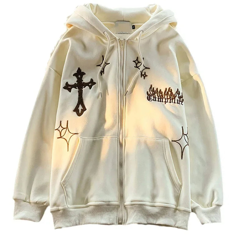 American Style Trendy Brand Embroidered Sport Jacket Oversize Couple Top Cardigan Hooded Sweatshirt Men Spring Autumn Casual Loo