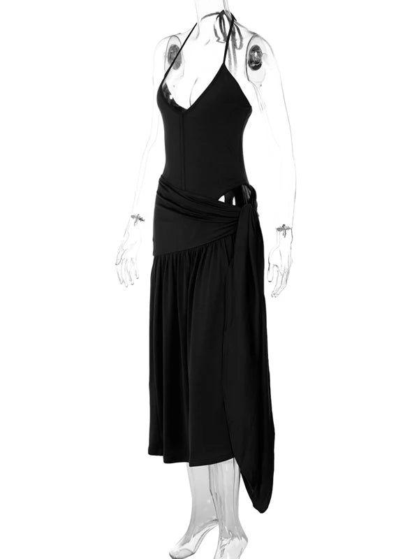 Women Sexy Cut Out Dress Sets Halter Deep V Neck Bodysuit and Tie Maxi Long Skirt Set 2025 Summer Two 2 Piece Vacation Outfits