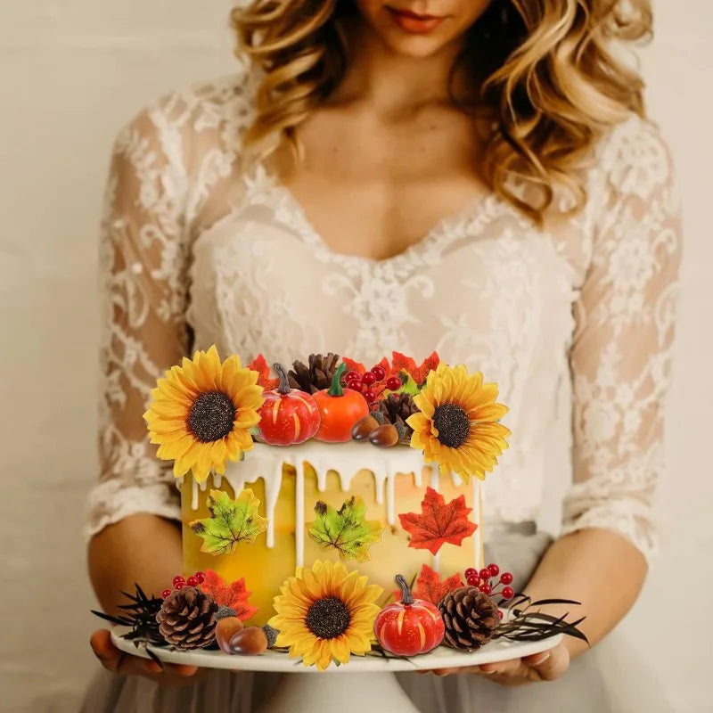 73pcs Fall cake Toppers Thanksgiving cake Decoration Autumn Artificial Pumpkins Sunflowers Maple Leaves Fall Cake Party Decor