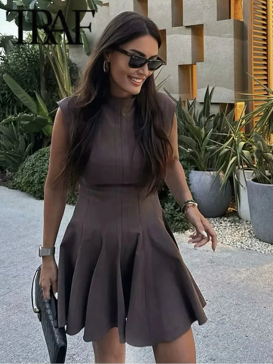 2025 Women Fashion Ruched Short Dress Sleeveless Stand Collar Fold Back Zip Mini Dress Chic Female Evening Party Dresses